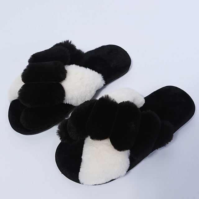 Faux Fur Two Toned Crossband Slippers