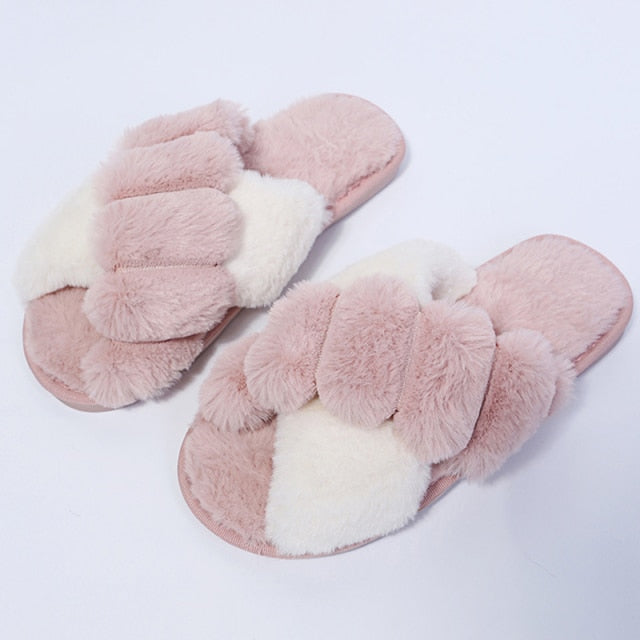 Faux Fur Two Toned Crossband Slippers